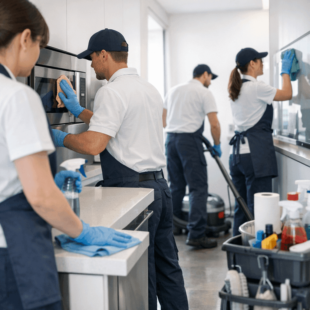 Professional cleaning crew meticulously sanitizing a modern kitchen with various equipment.
