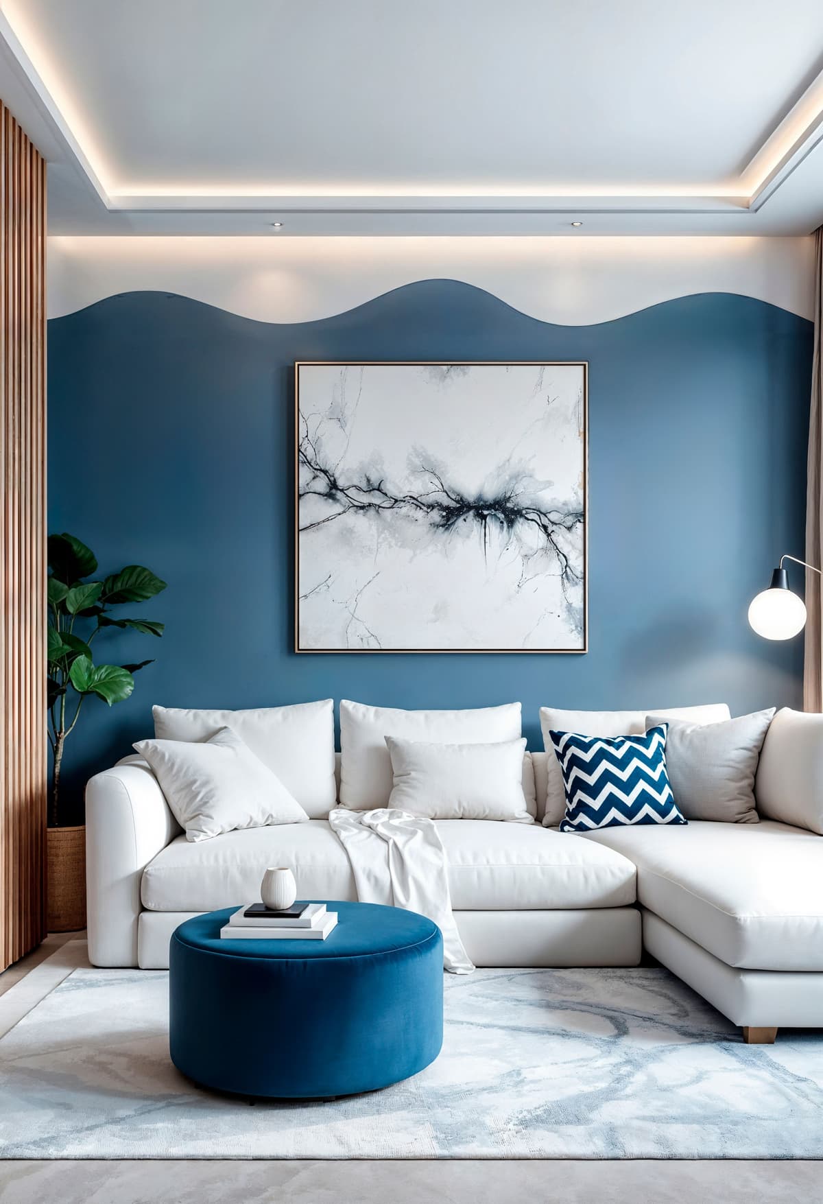 Modern living room features a white sectional sofa, blue ottoman, and wavy blue accent wall.